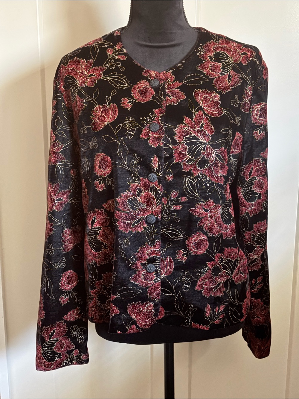 NORTON McNAUGHTON Women's Black Floral Button-Front Short Jacket  Burgundy